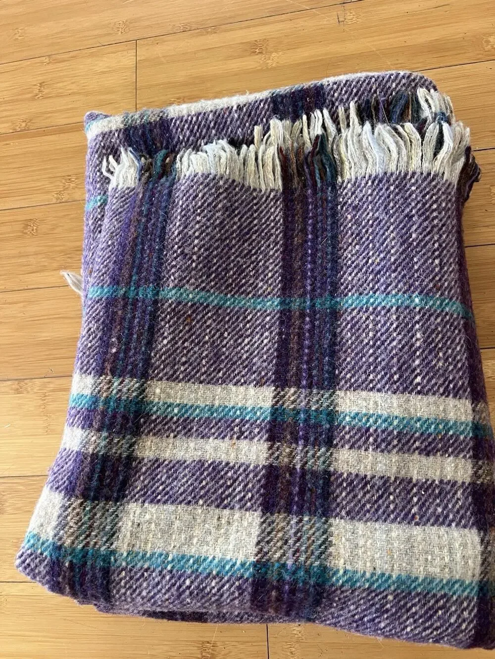 Edinburgh Tartan Shop Pure Wool Purple Blue Grey Plaid Blanket 63x55” Britain